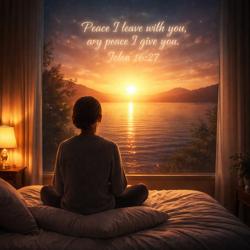 A cinematic, softly lit bedroom at night with a person seated on a plush pillow, eyes closed, visualizing a gentle sunrise over calm waters while a faint Bible verse glows in the sky. Alt: Guided prayer visualization for Christian meditation for sleep, creating a peaceful mental scene.