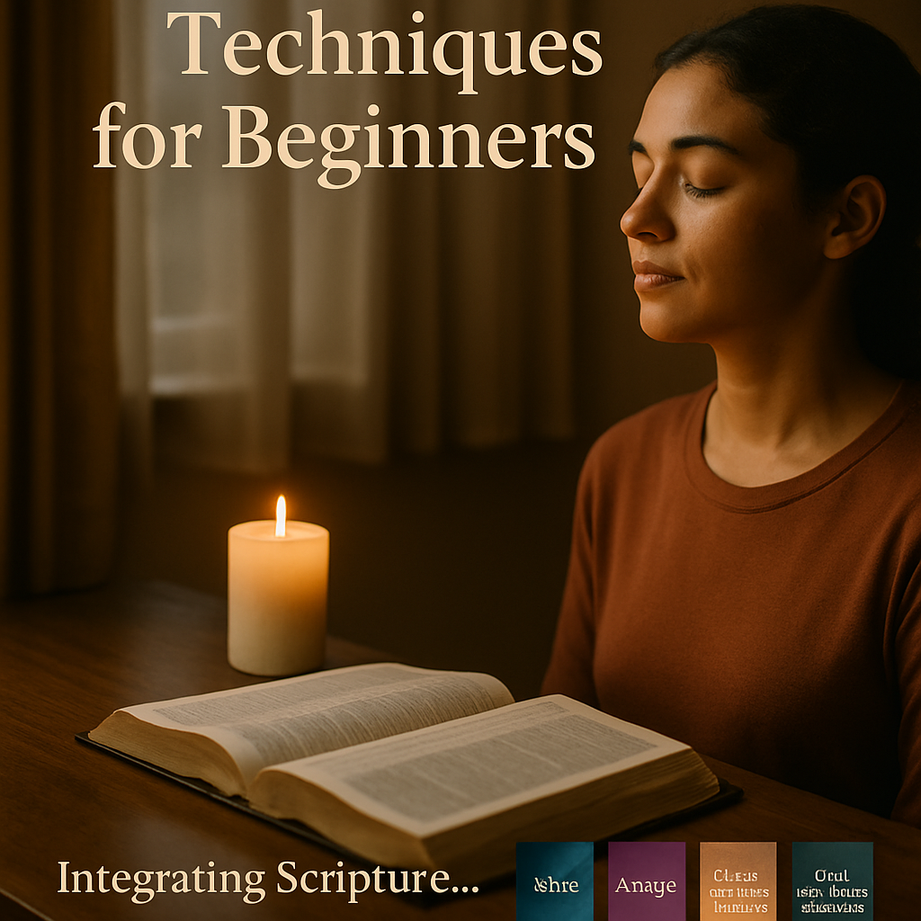 A peaceful study corner with an open Bible, a candle flickering, and a person breathing slowly, embodying integrated scripture meditation. Alt: Christian meditation techniques for beginners integrating scripture.
