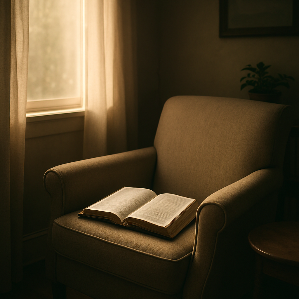 A serene corner of a home with a comfortable chair, a Bible open on the seat, soft morning light streaming through a window, showing a peaceful setting for Christian mindfulness. Alt: Christian mindfulness exercises quiet corner with Bible and prayer.
