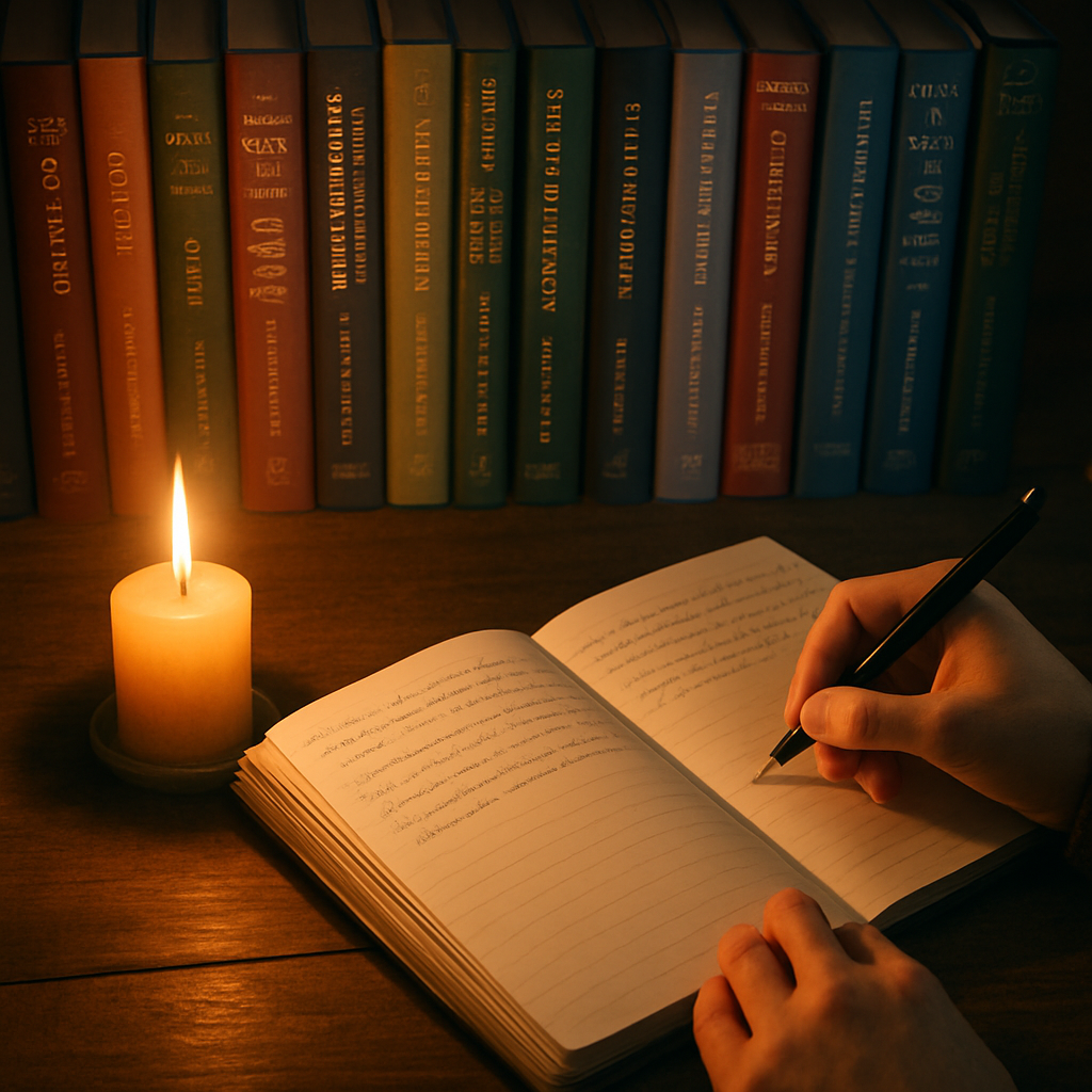 A person writing in a journal with a candle, alt: Reflective journaling for Christian mindfulness exercises