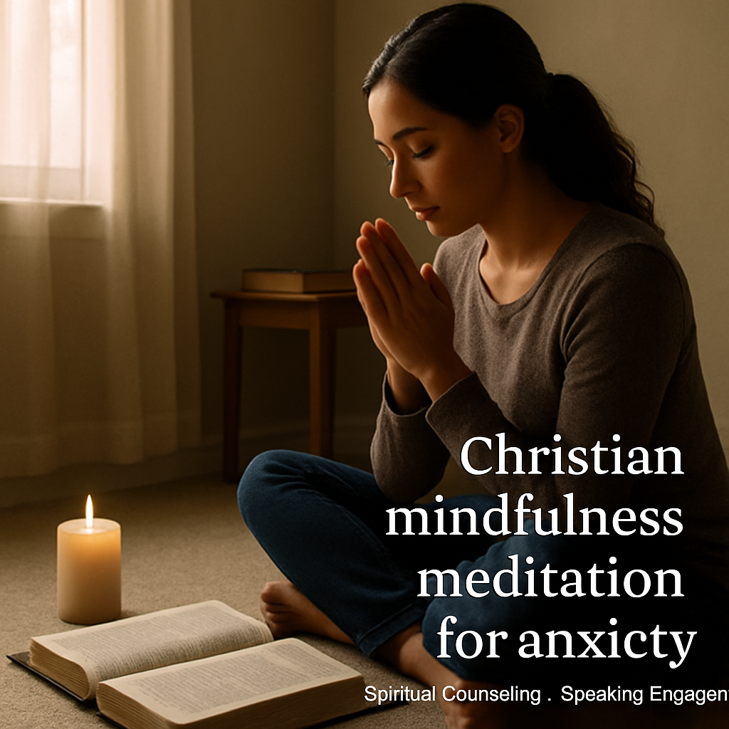 A peaceful room with a candle, an open Bible, and a person sitting cross‑legged in prayer, soft natural light streaming through a window. Alt: Christian mindfulness meditation for anxiety