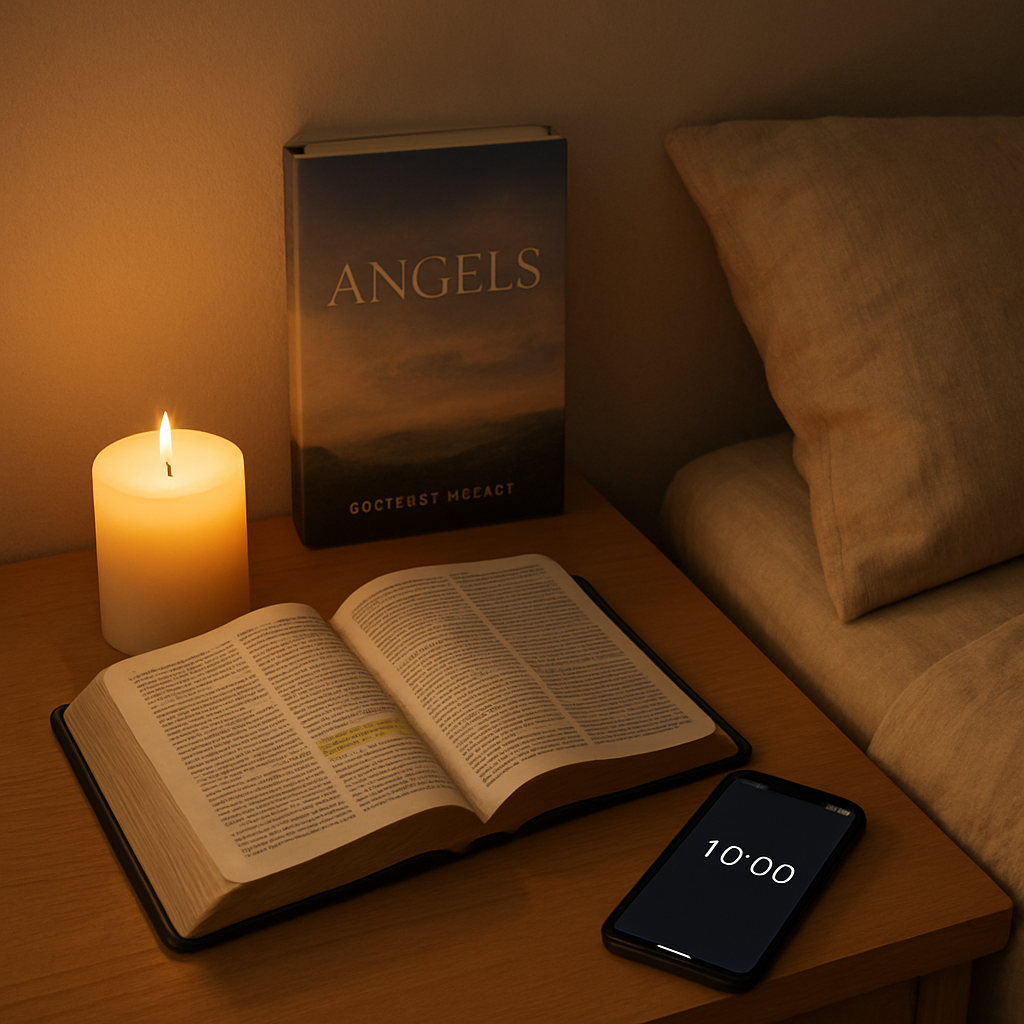 A peaceful bedroom corner with a soft candle, an open Bible with a highlighted verse, and a phone displaying a timer. Alt: Christian mindfulness meditation for anxiety prayer integration scene.