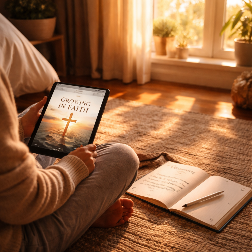 A cinematic, photorealistic scene of a cozy bedroom at sunrise, a person sitting on a rug with a tablet displaying a christian personal development ebook, a notebook open beside them, soft warm light streaming through a window, highlighting a written spiritual goal. Alt: Person defining spiritual goals with a Christian ebook in a serene morning setting.