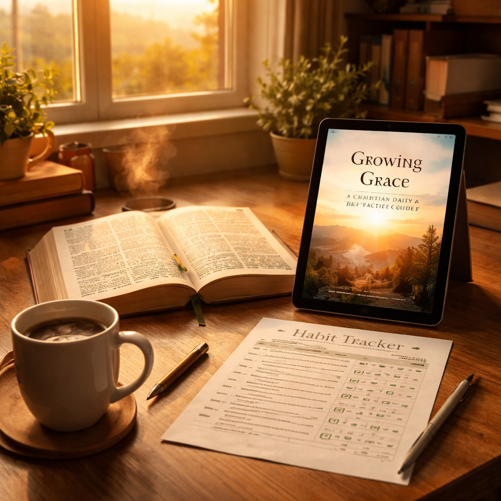 A cinematic scene of a cozy home office at sunrise, a Bible open to a highlighted verse, a Christian personal development ebook displayed on a tablet, a steaming cup of coffee, and a handwritten habit‑tracker sheet with green checkmarks, soft light streaming through a window, evoking calm focus and purposeful reflection. Alt: Christian personal development ebook daily practice and reflection visual.