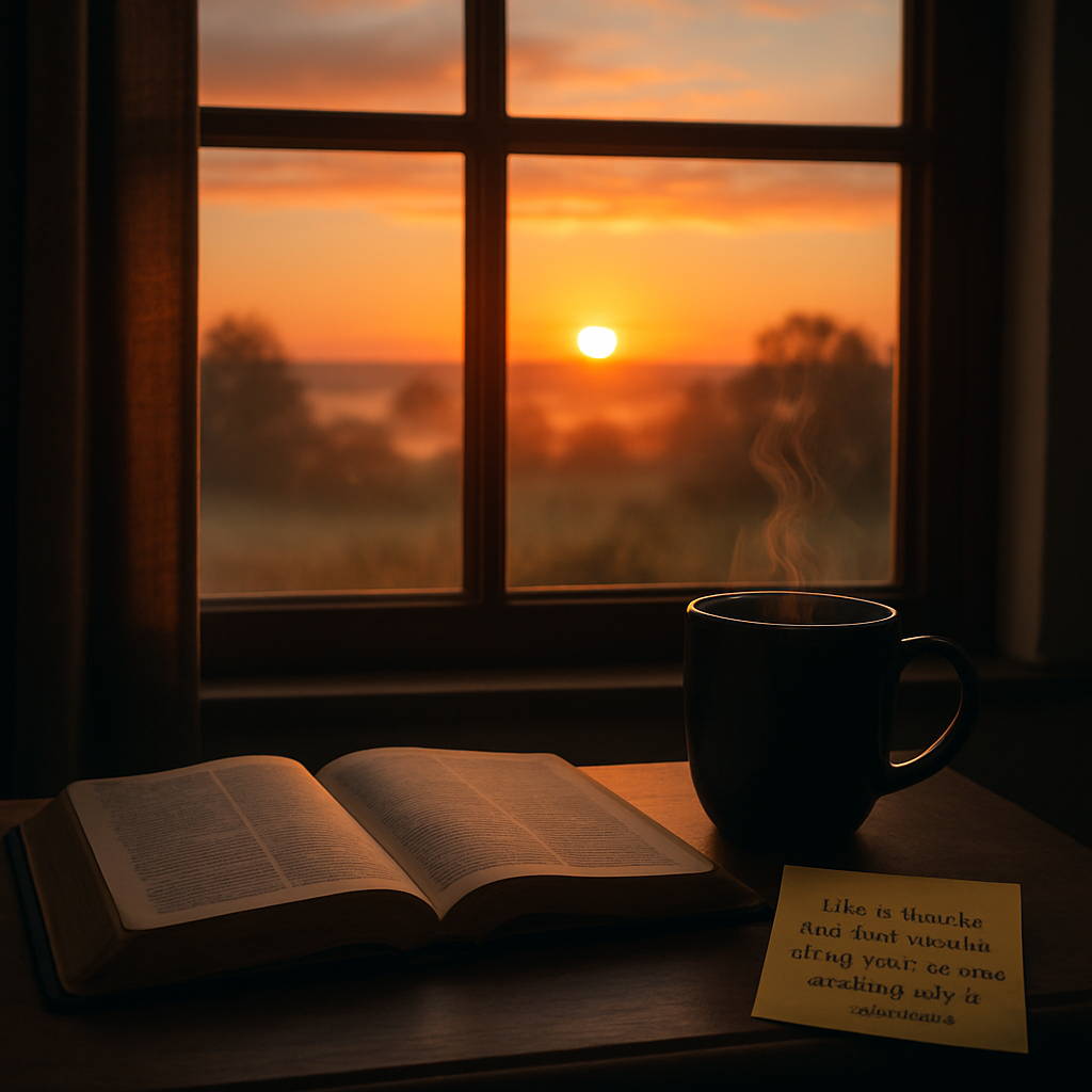 A sunrise view through a window with a Bible open on a bedside table, a sticky note with a Psalm verse, and a steaming mug of coffee. Alt: Morning faith‑focused prayer Christian self care ideas.