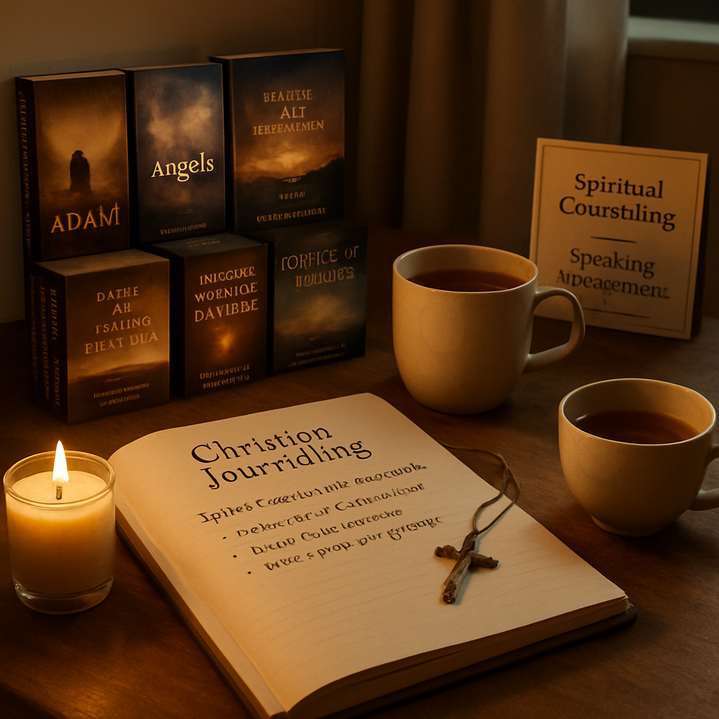 A cozy bedroom desk with an open journal, a candle, a cross pendant, and a cup of tea. Alt: Christian journaling with spiritual prompts for self‑care