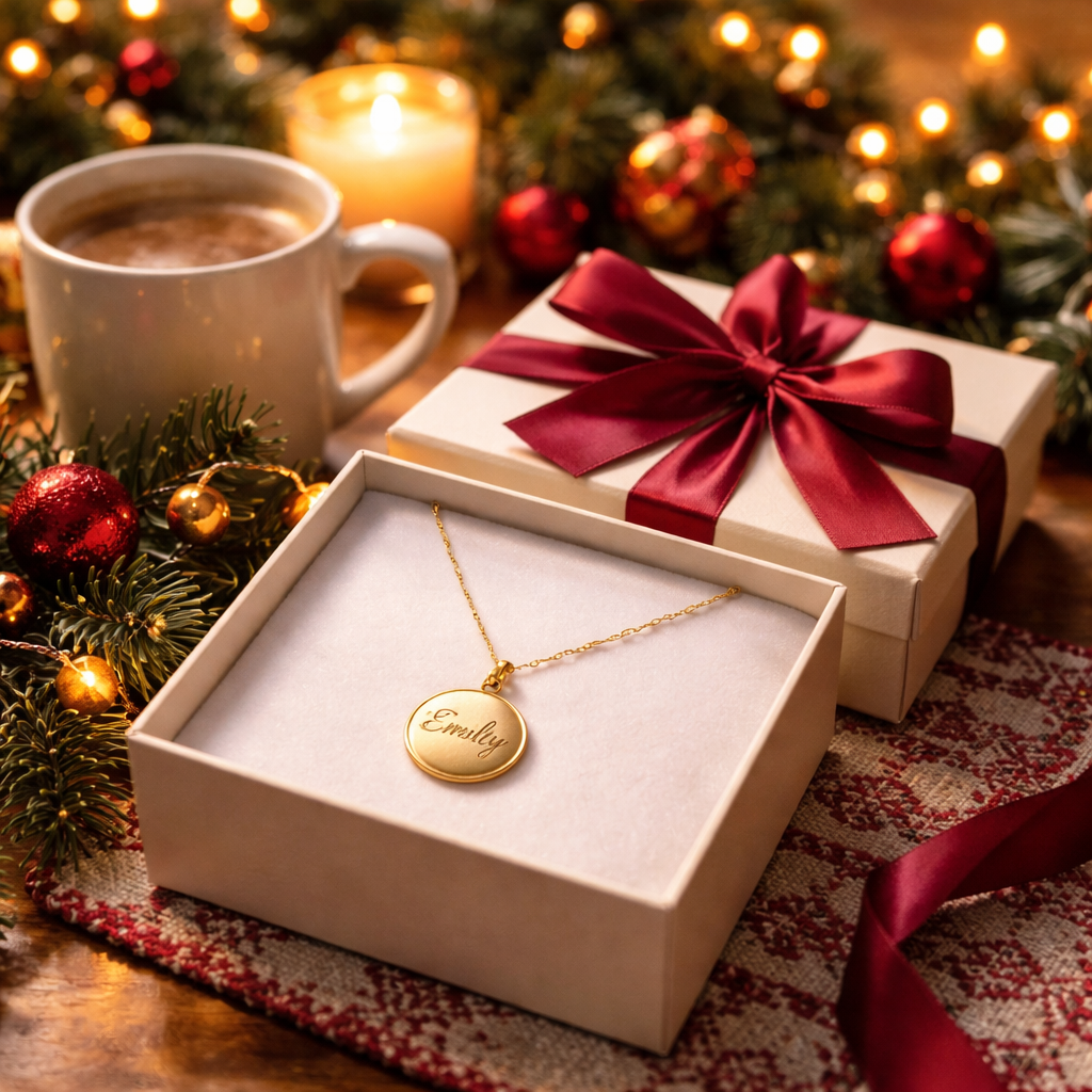 A photorealistic scene of a elegantly wrapped gift box open on a festive Christmas table, revealing a delicate personalized gold necklace with an engraved pendant, soft candlelight and a steaming mug of coffee in the background, capturing the intimate moment of gifting for a wife. Alt: Personalized jewelry Christmas gift idea for wife