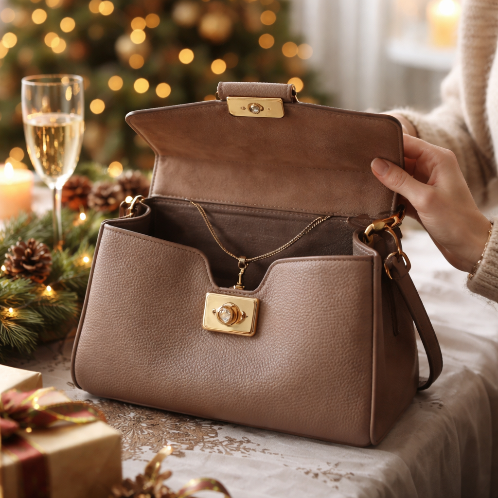 A photorealistic scene of a woman opening a luxurious leather handbag on a festive Christmas table, soft natural light highlighting the bag’s texture, a delicate Swiss‑crafted gold necklace peeking out of the interior, alt: stylish handbag christmas gift ideas for wife in realism style.