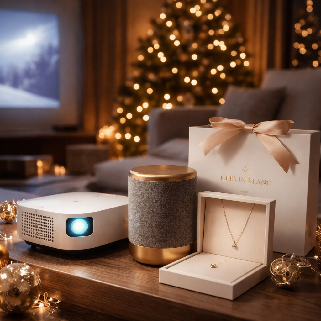 A photorealistic scene of a modern Swiss living room at night, a sleek portable projector casting a soft movie glow onto a wall, a delicate gold pendant from Cervin Blanc placed beside a stylish Bluetooth speaker, warm Christmas lights twinkling in the background, emphasizing the blend of technology and fine jewellery for a girlfriend’s holiday gift. Alt: Christmas gifts for girlfriend featuring tech gadgets and jewellery.