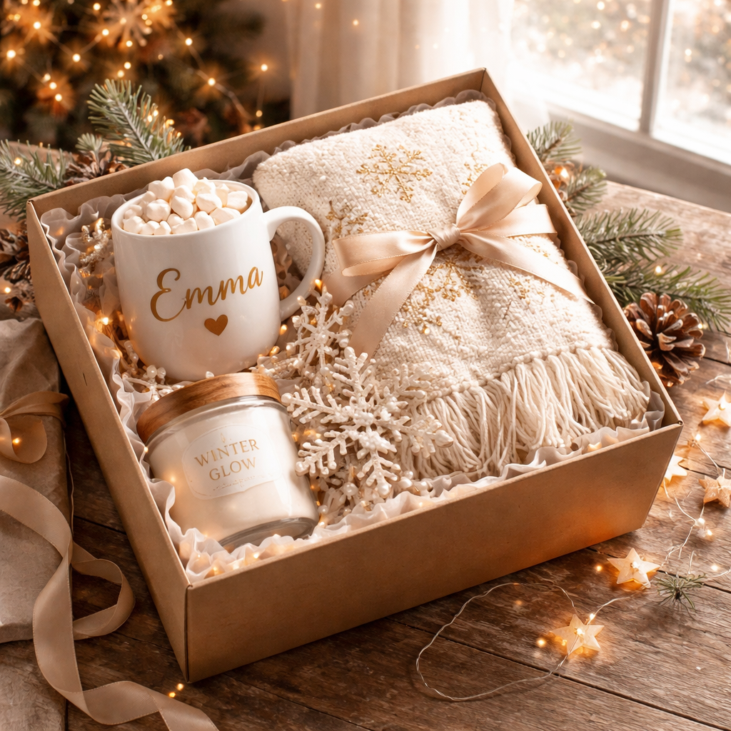 A photorealistic scene of a beautifully wrapped gift box on a wooden table, open to reveal a personalized mug, a snowflake ornament, an embroidered throw, and a scented candle, soft winter light streaming through a nearby window, evoking a cozy holiday atmosphere. Alt: Christmas gifts for women – home and lifestyle items with personal touches.