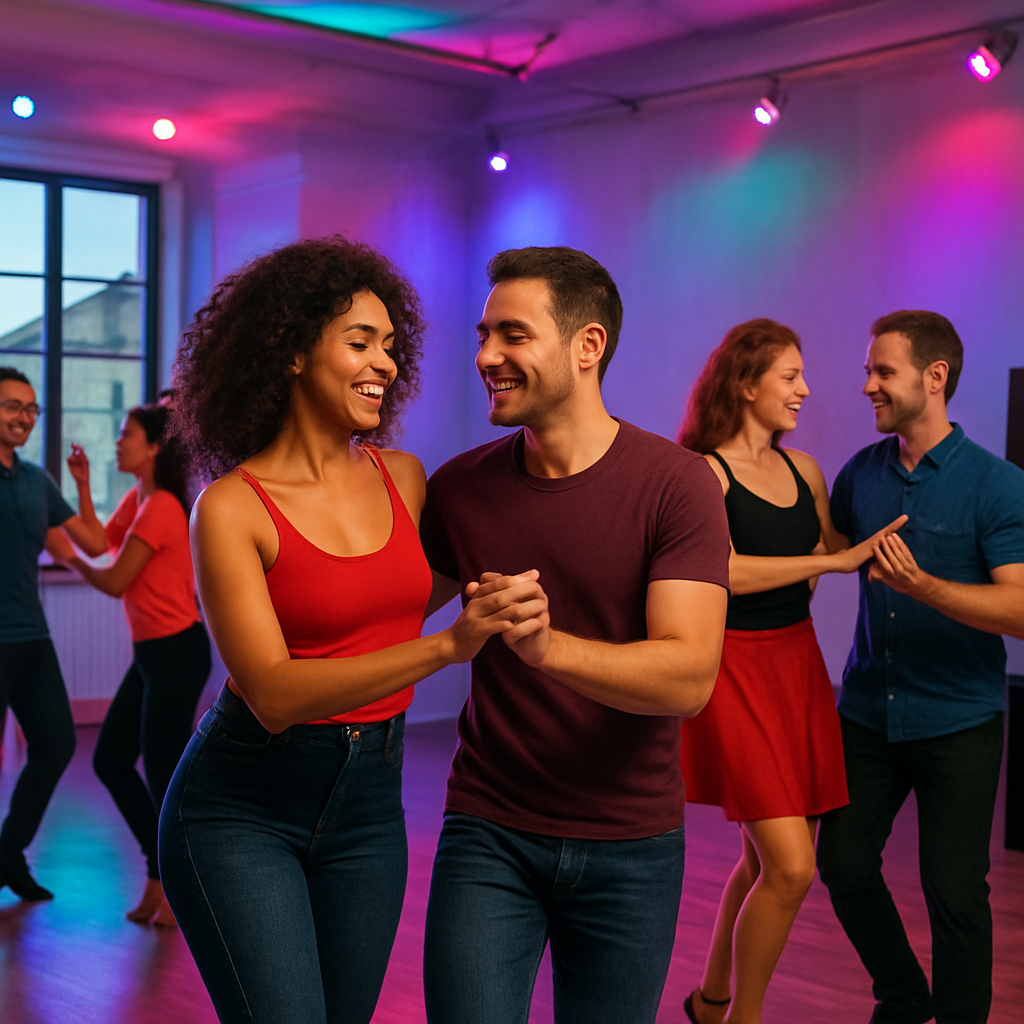 A vibrant salsa class in a European studio, dancers moving under colorful LED lights, with a high‑quality sound system visible. Alt: clases de salsa con sonido profesional y ambientación de luces