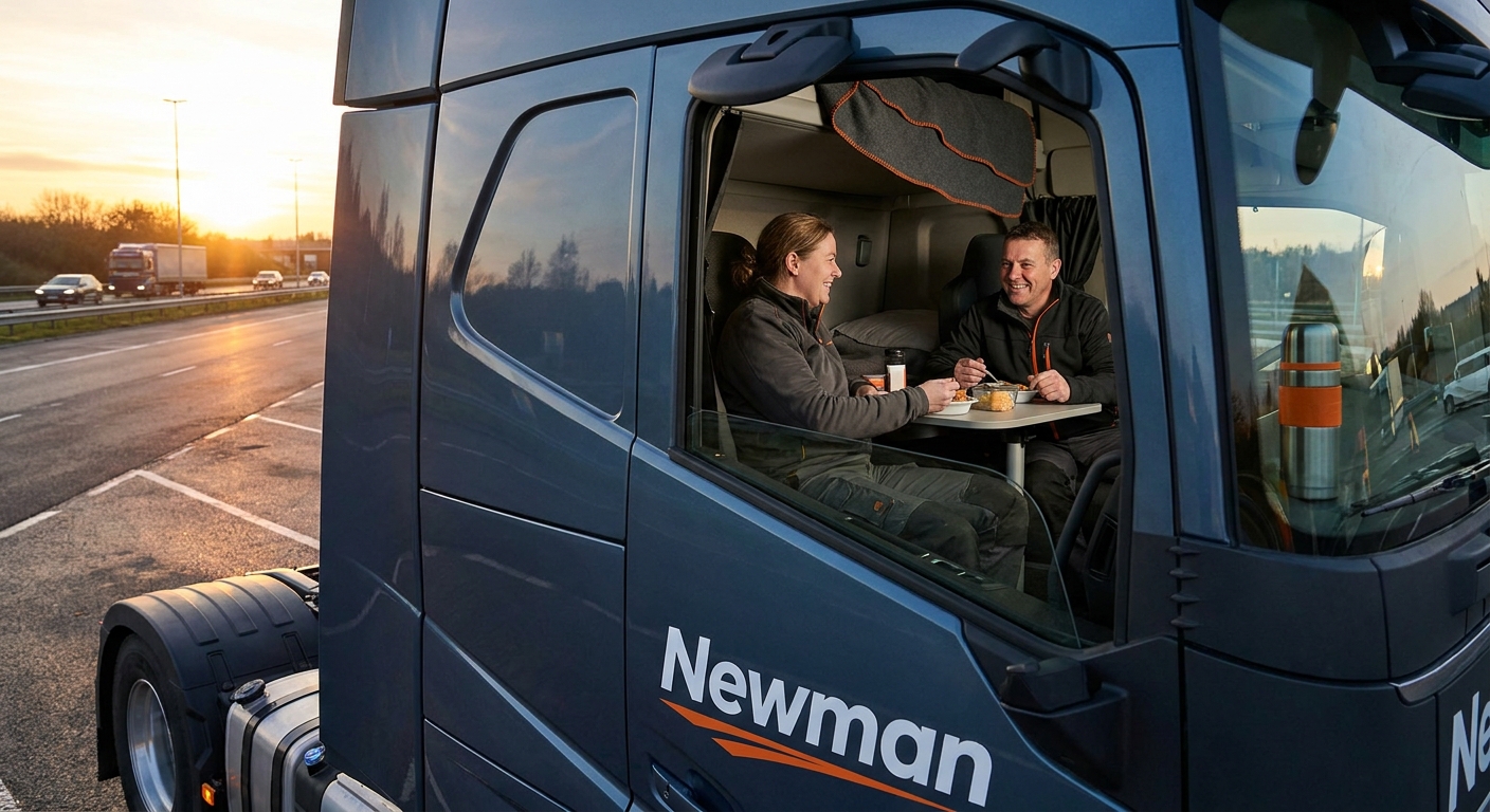 A realistic scene of two truck drivers sharing a modern sleeper cab, smiling, with a highway backdrop and the Newman logo visible on the side of the truck.