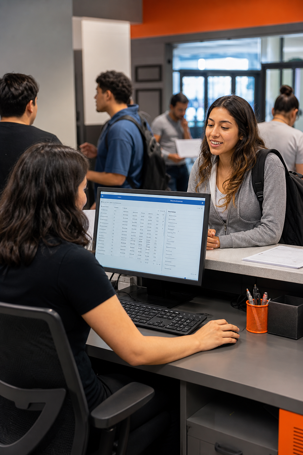 A realistic photo of a busy training center registration desk with a computer screen showing a class management interface, friendly staff helping students. Alt: Class registration desk with Steams Online software