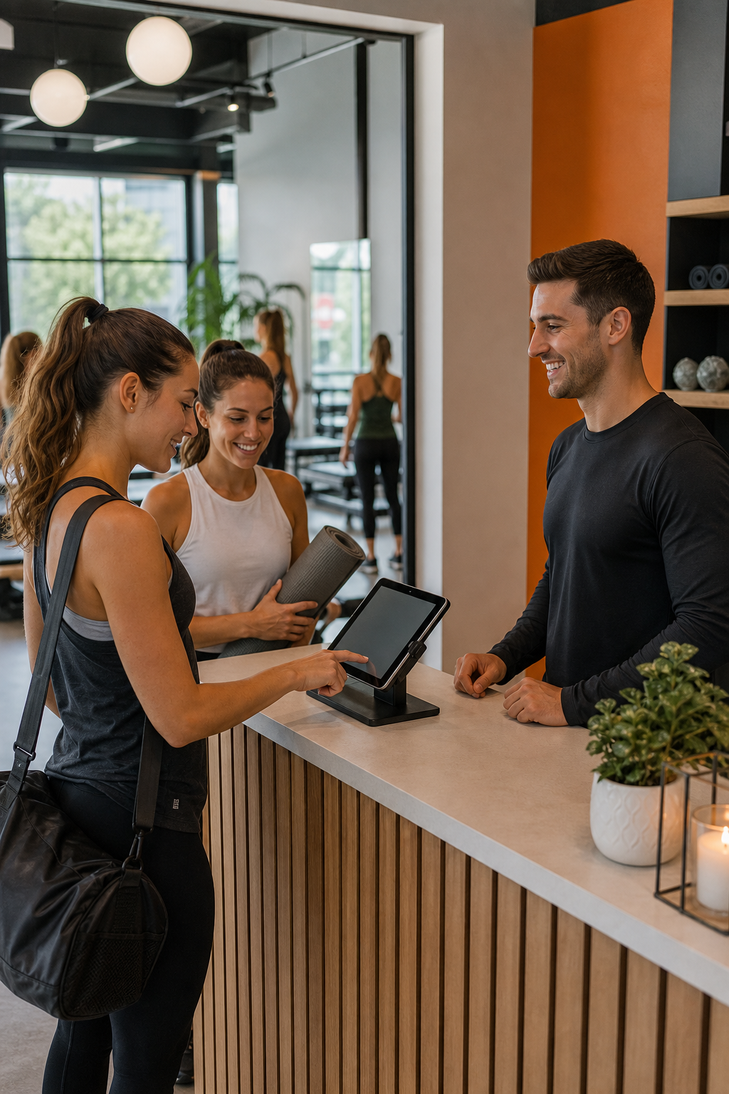 A realistic fitness studio interior with clients checking in at a tablet, instructor at front desk, bright modern space. Alt: Fitness studio using Mindbody for class check-in