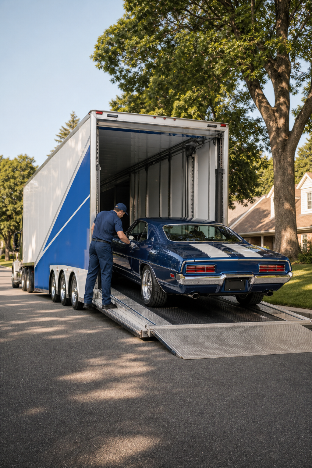 A high-end enclosed car carrier truck parked on a quiet suburban street, rear ramp lowered, with a gleaming vintage muscle car being carefully rolled off by a professional driver in a blue uniform. Warm afternoon light. Brand accent color #4981CA on the carrier's logo panel. Realism style. Alt: Dispatch Dudes enclosed classic car shipping service unloading a vintage car door-to-door.
