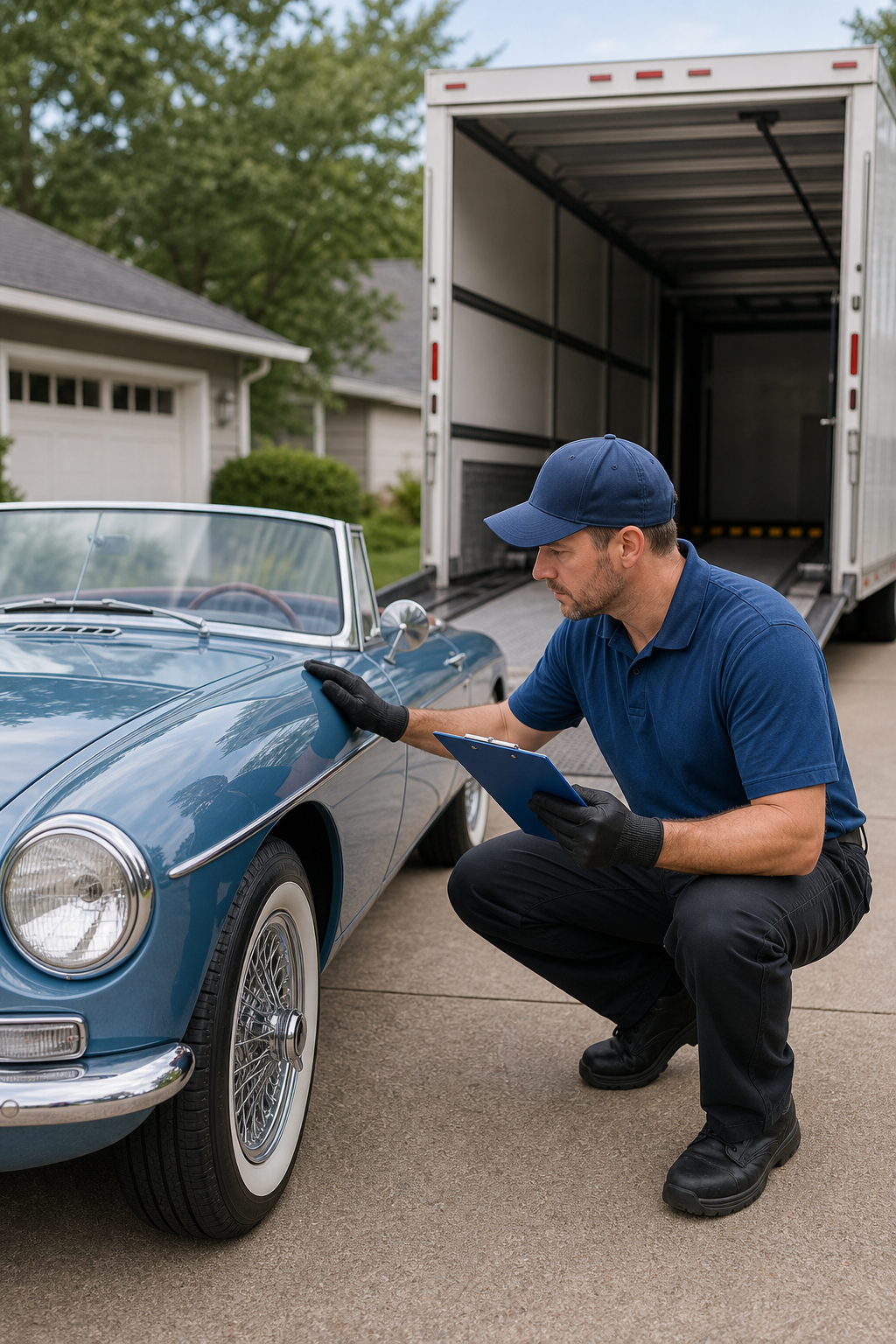 A professional car transport driver in work gloves carefully inspecting a freshly detailed vintage convertible in a residential driveway, clipboard in hand, enclosed trailer visible in the background. Soft natural light. Realism style. Alt: Door-to-door classic car shipping with enclosed transport and pre-shipment inspection.