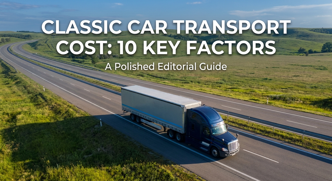 A photorealistic scene showing two trailers side by side on a wide highway , one fully enclosed aluminum trailer with closed doors and one open multi-car hauler with vehicles visible, shot in golden afternoon light with a blue sky. The image emphasizes the contrast in protection between the two transport types. Alt: Enclosed vs open car transport trailer comparison for classic car shipping.