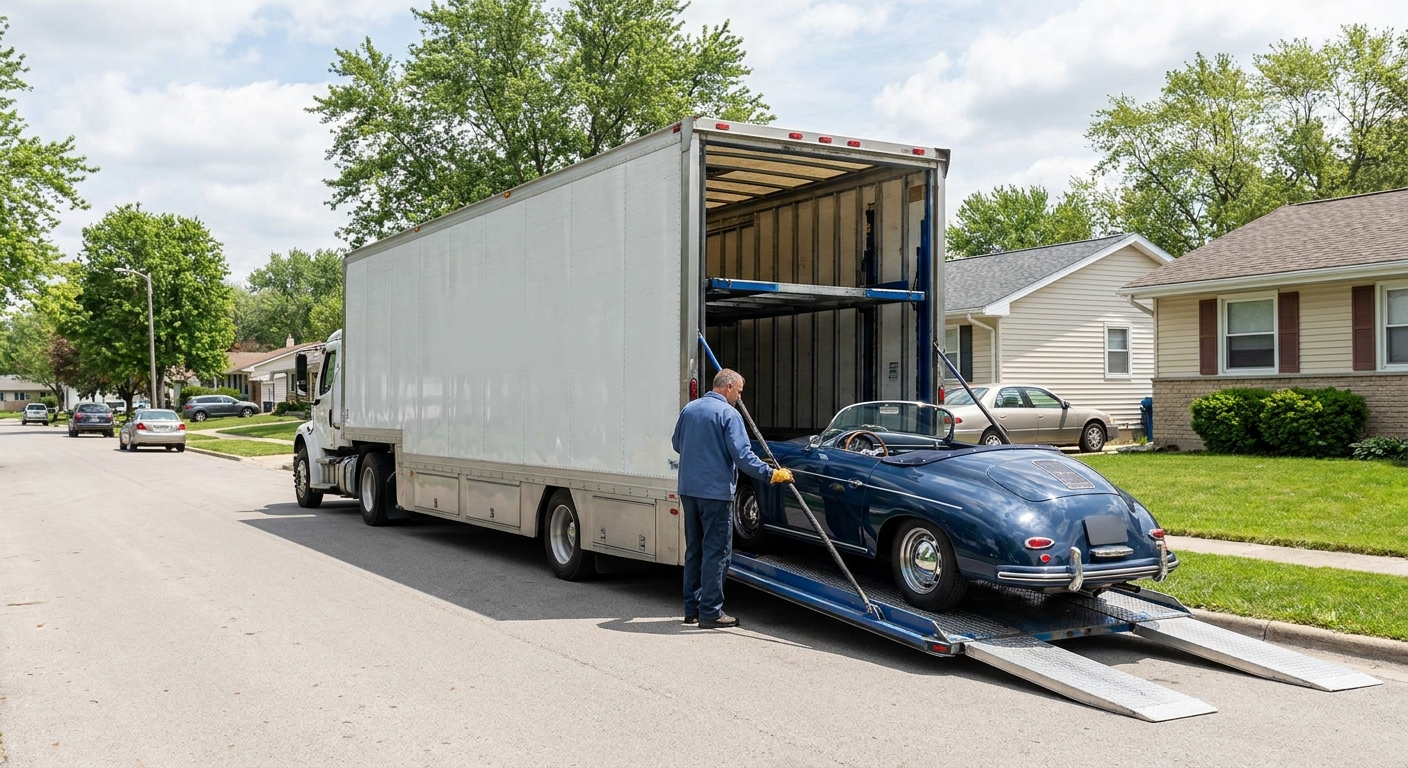 A photorealistic scene inside a clean enclosed trailer, showing a vintage 1930s American car with wide fender overhangs being carefully guided onto a ramp with the help of a spotter, under bright workshop lighting. Alt: Classic car with wide fender overhang being loaded into enclosed trailer with spotter assistance.
