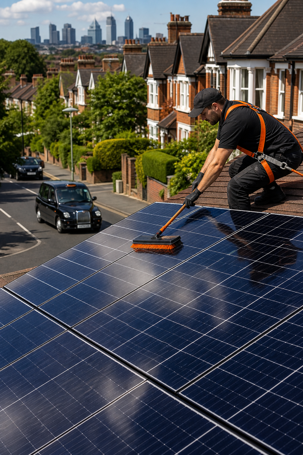 A photorealistic image related to clean-solar-panels. Alt: clean-solar-panels