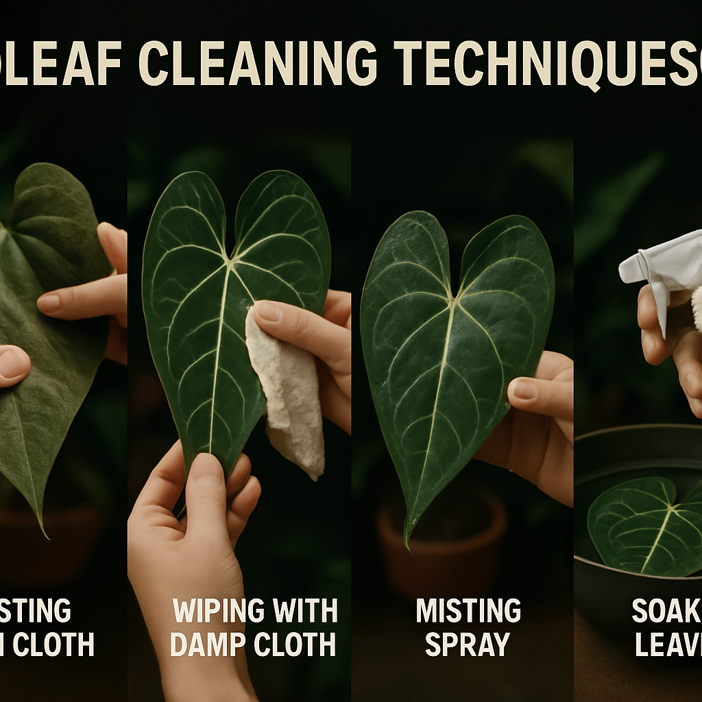 A comparison of different plant leaf cleaning techniques including dusting with cloth, wiping with damp cloth, misting spray, and soaking leaves. Alt: Various methods of cleaning plant leaves showing tools and leaf conditions.