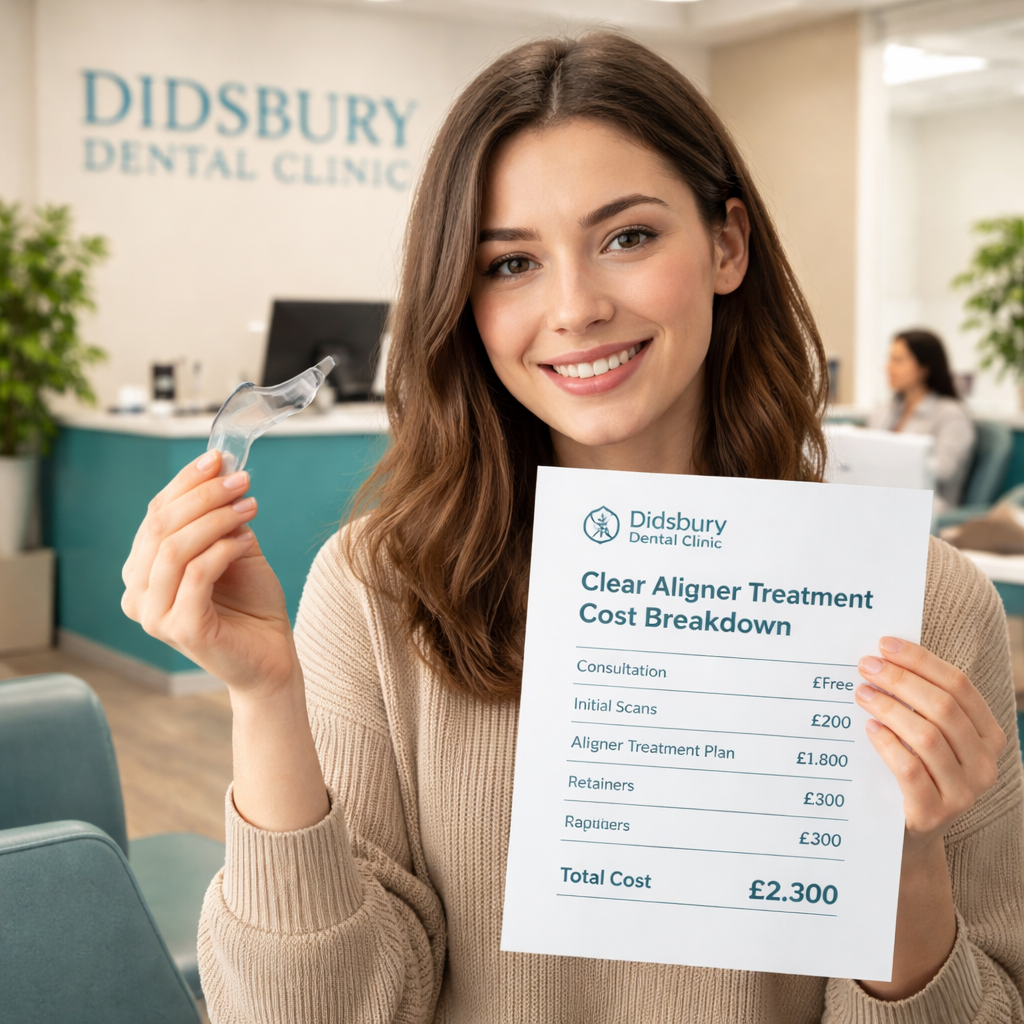 - The Dental Article A photorealistic scene showing a young adult in a Didsbury dental clinic, holding a clear aligner tray and a printed cost breakdown. Alt: clear aligner treatment cost Didsbury realistic image