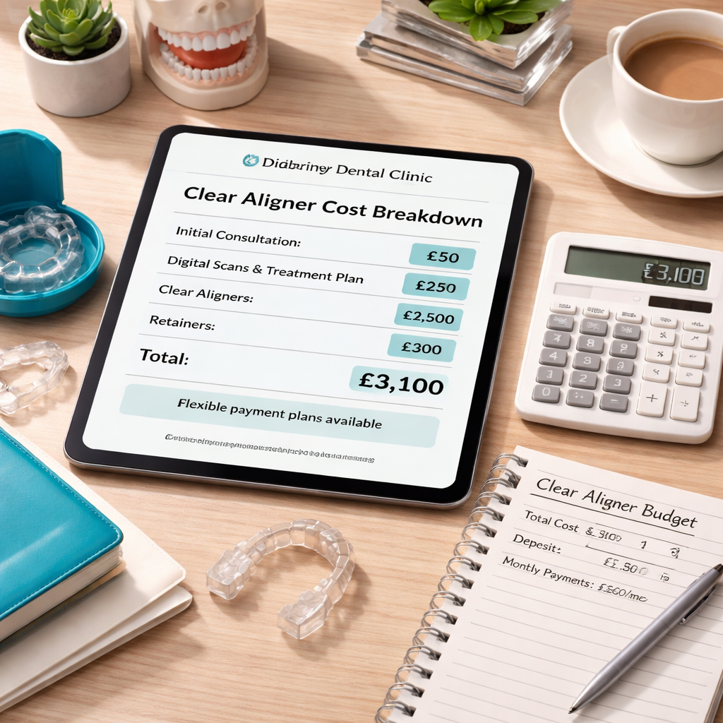 - The Dental Article A photorealistic scene of a Didsbury dental clinic desk with a tablet showing a clear aligner cost breakdown, a calculator, and a notebook with budget notes. Alt: clear aligner treatment cost Didsbury budgeting guide