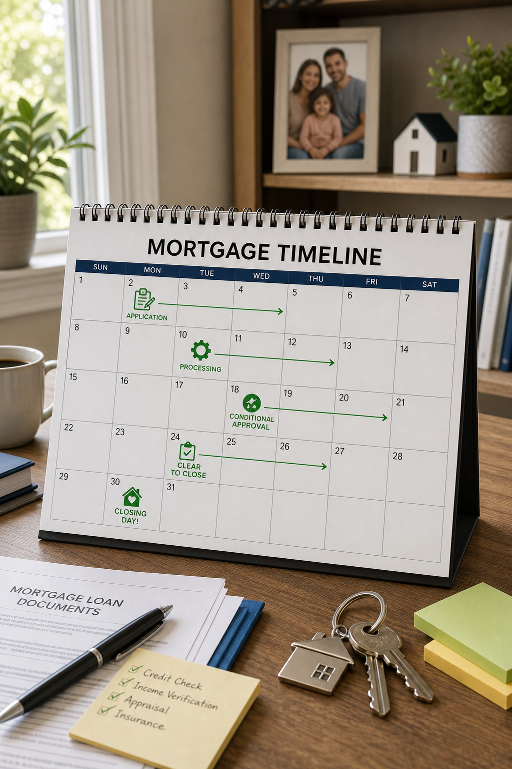 A realistic calendar showing a mortgage timeline with key milestones marked: application, processing, conditional approval, clear to close, closing day. Use a clean desk setting with a calendar and sticky notes. Alt: mortgage closing timeline calendar with milestones