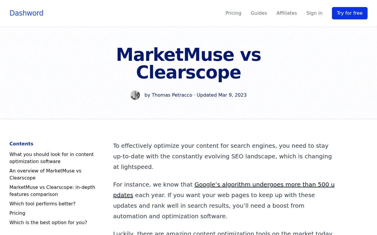 Dashword: visual reference for 9. Dashword, Lightweight Content Briefs and Optimization