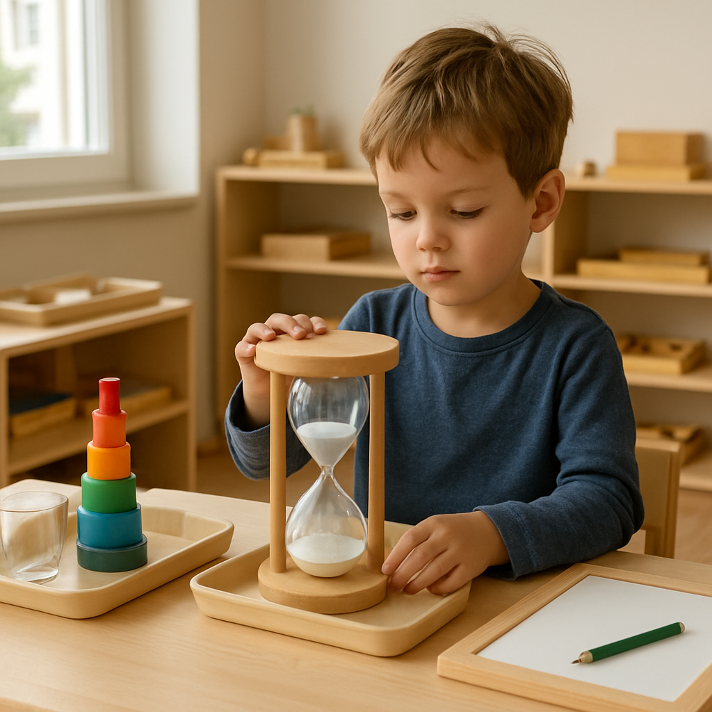 Un bambino in una stanza luminosa con scaffali bassi, una clessidra Montessori al centro, vassoi di travasi, una torre di cilindri e una tavola da disegno. Alt: bambini che usano la clessidra con altri materiali Montessori per gestire il tempo