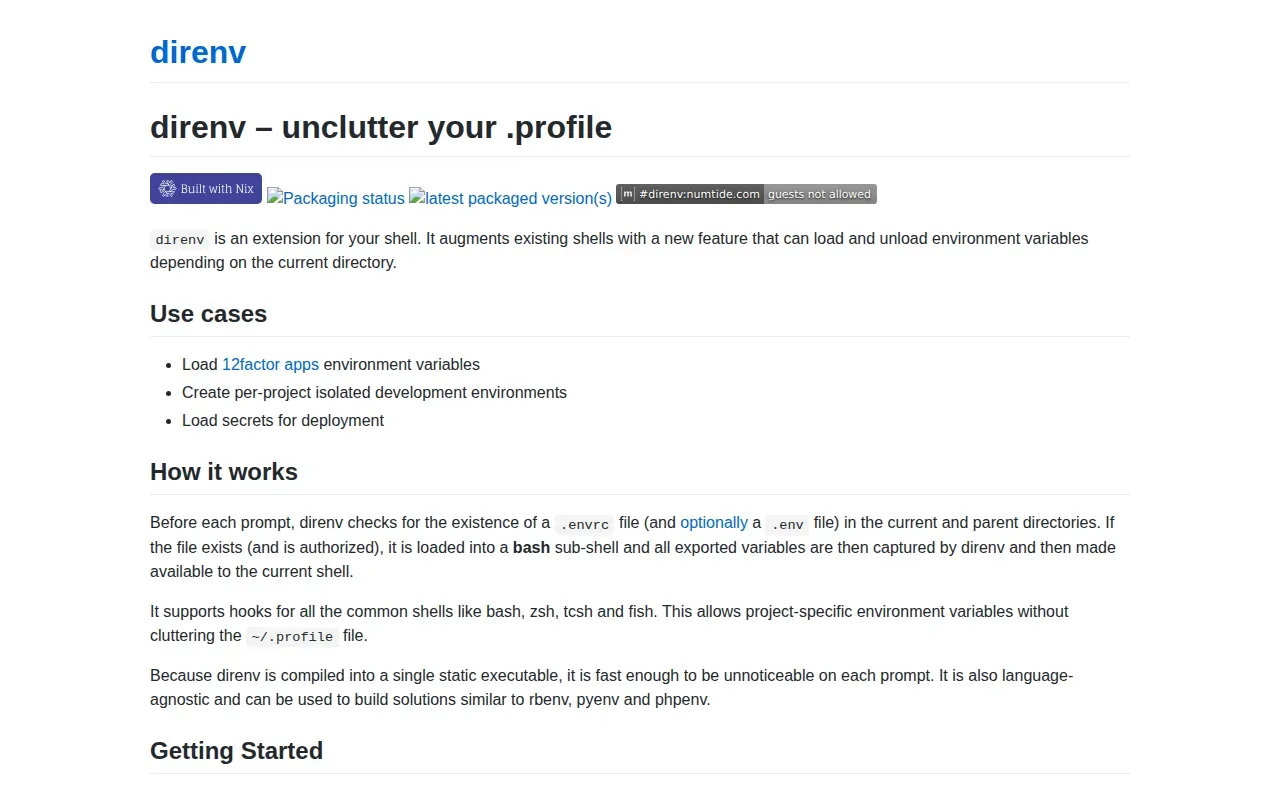 Screenshot of the direnv website