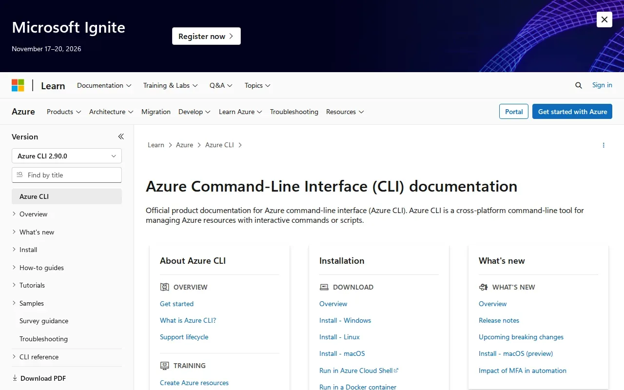 Screenshot of the Azure CLI website