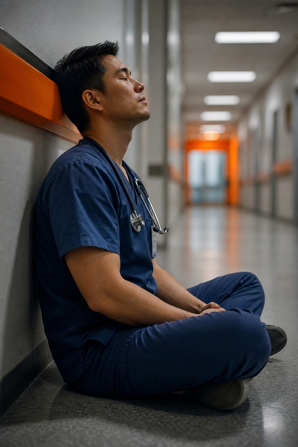 A clinician in scrubs taking a mindful breathing break in a quiet hospital hallway, soft lighting, Cinematic style. Alt: Doctor practicing deep breathing for burnout prevention