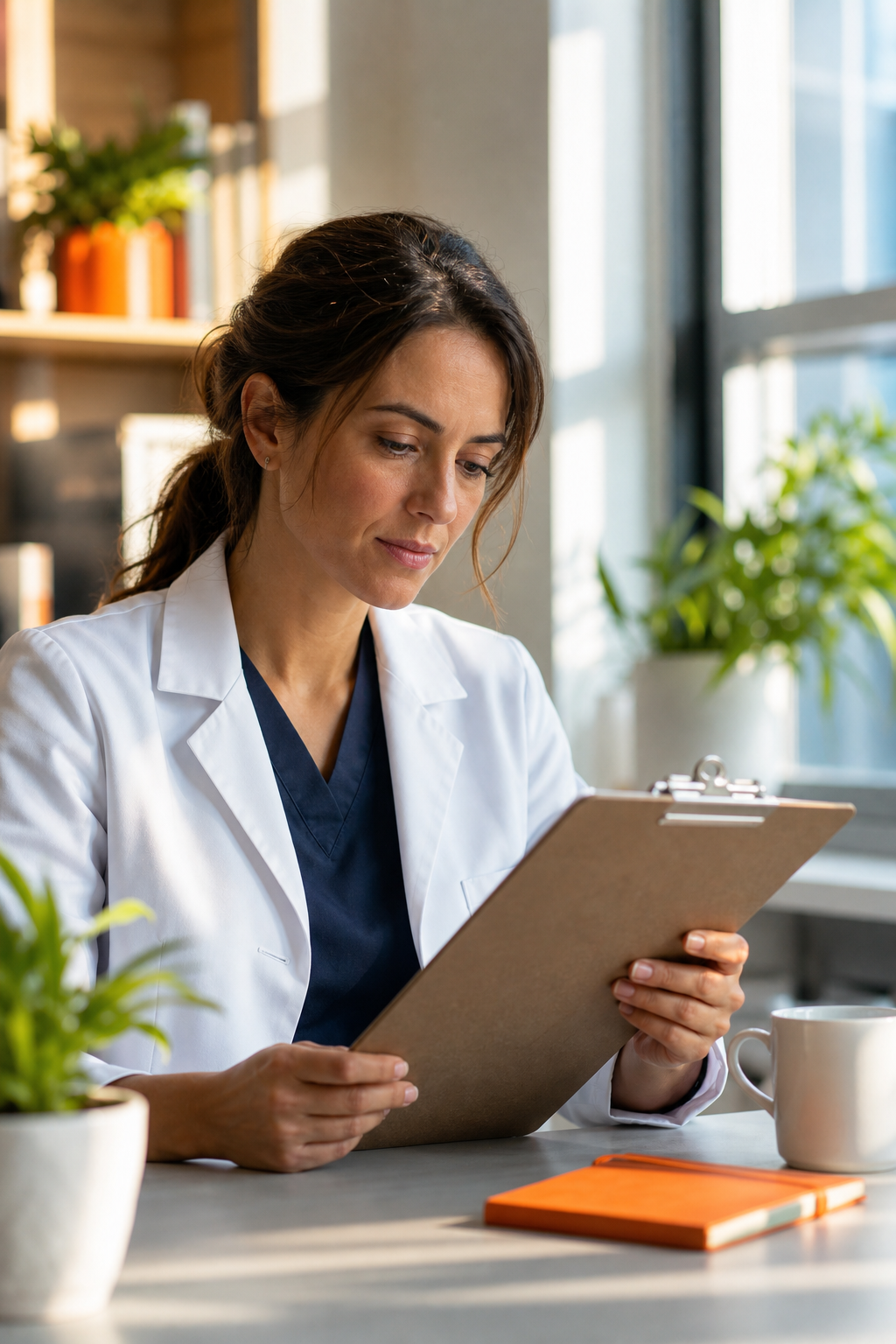 A clinician reviewing a printed checklist on a clipboard in a bright office, plants in background, Cinematic style. Alt: Healthcare professional tracking burnout prevention checklist progress