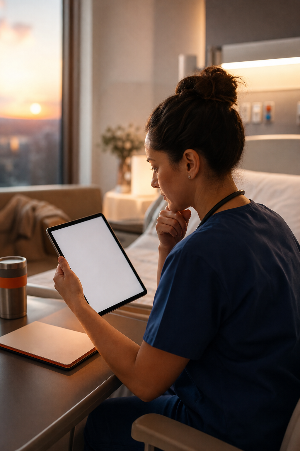 A clinician sitting at a bedside table, reviewing a personalized wellbeing action plan on a tablet, cinematic lighting, warm tones, alt: clinician reviewing burnout risk action plan