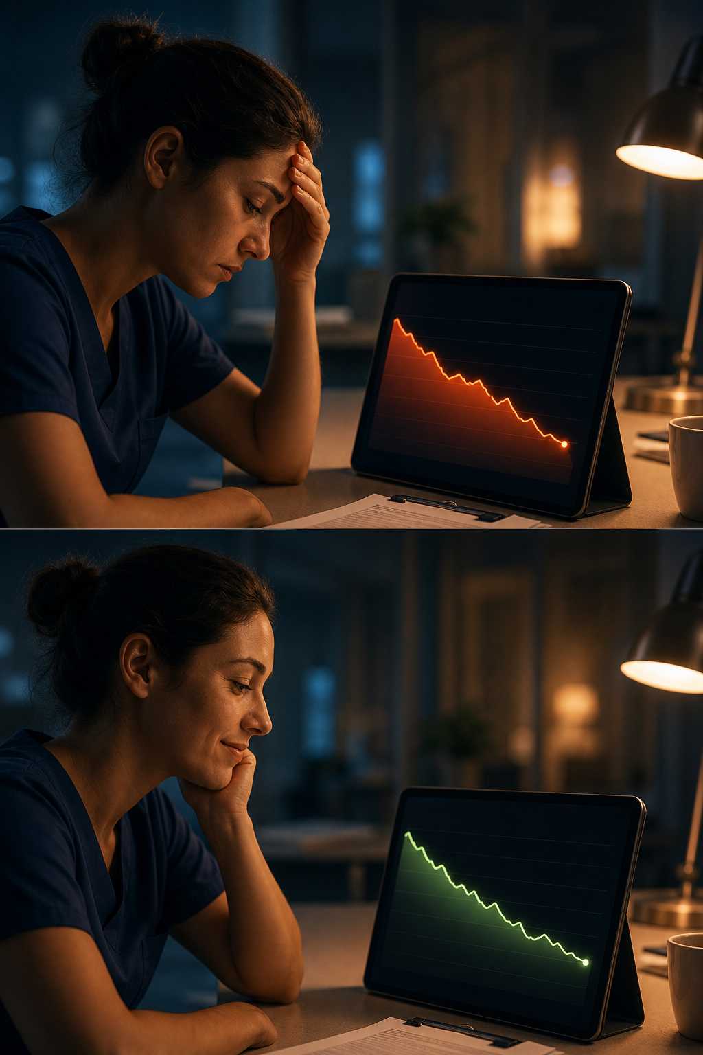 A split‑screen visual of a clinician’s burnout risk chart improving over three months, cinematic style, alt: clinician tracking burnout risk score over time