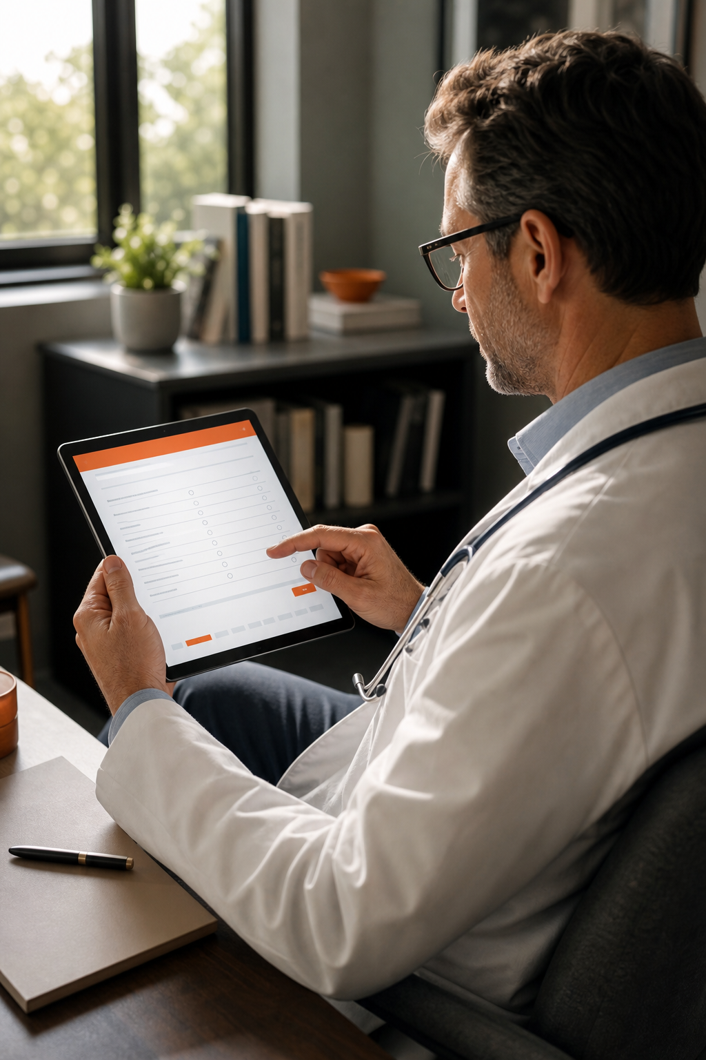 A physician sitting in a quiet office filling out an online assessment on a tablet. The screen shows a wellbeing survey. Soft natural light. Cinematic style. Alt: Physician using Clinical Resilience Questionnaire on tablet.