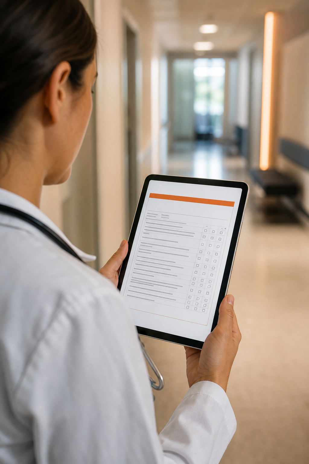 A cinematic view of a clinician holding a tablet showing a PDF questionnaire, with a calm hospital hallway in the background. Alt: clinical resilience questionnaire PDF download on tablet