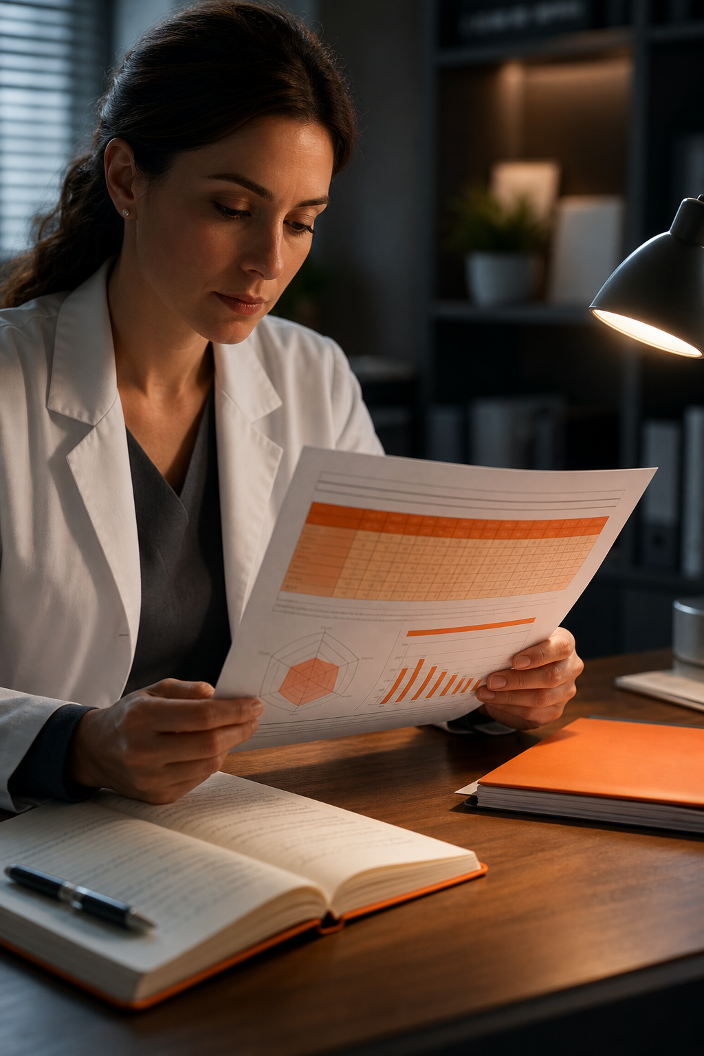 Cinematic illustration of a clinician reviewing a printed score sheet with charts and notes on a desk. Alt: scoring and interpretation of clinical resilience questionnaire