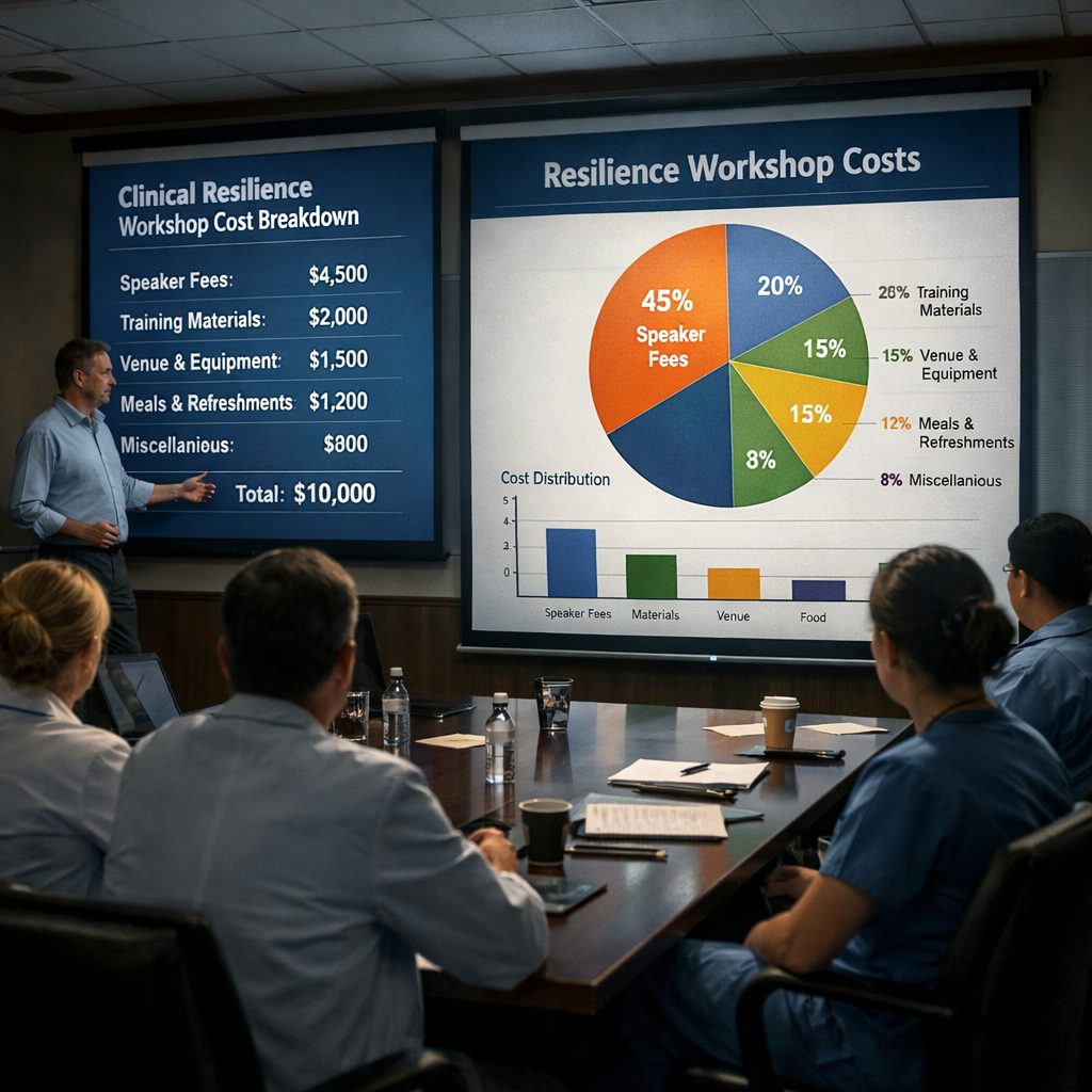 A cinematic illustration of a hospital conference room with charts showing cost breakdowns for a resilience workshop, alt: clinical resilience workshop cost visual
