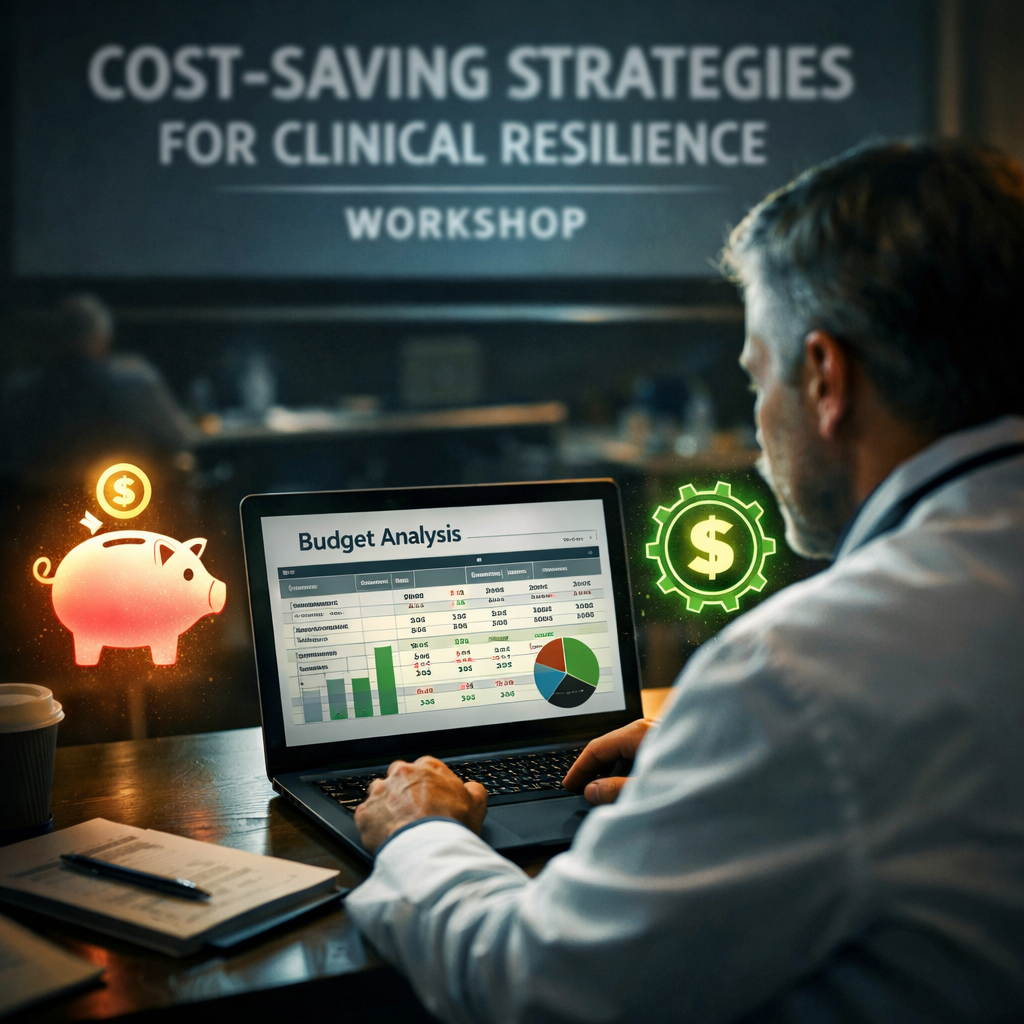 A cinematic scene of a clinician reviewing a budget spreadsheet on a laptop, with icons for savings and efficiency, alt: cost-saving strategies for clinical resilience workshop