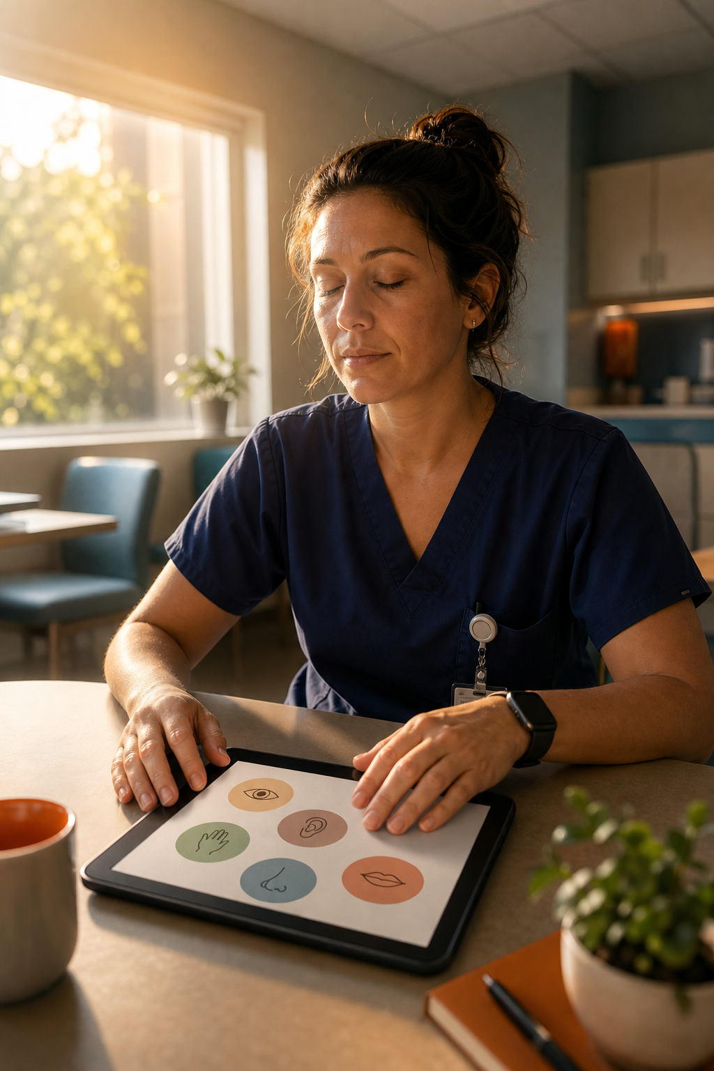 A cinematic scene of a clinician sitting at a hospital break room table, eyes closed, hands resting on a tablet displaying a five‑senses worksheet, warm sunlight streaming through a window, soft focus, detailed textures, alt: five senses grounding worksheet for clinicians