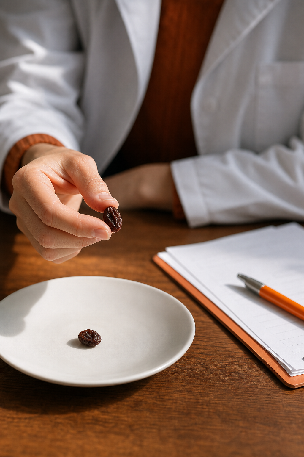 A cinematic close‑up of a clinician’s hand holding a single raisin over a white plate, soft natural light highlighting the texture, the worksheet beside it with handwritten notes, alt: raisin meditation worksheet for clinicians