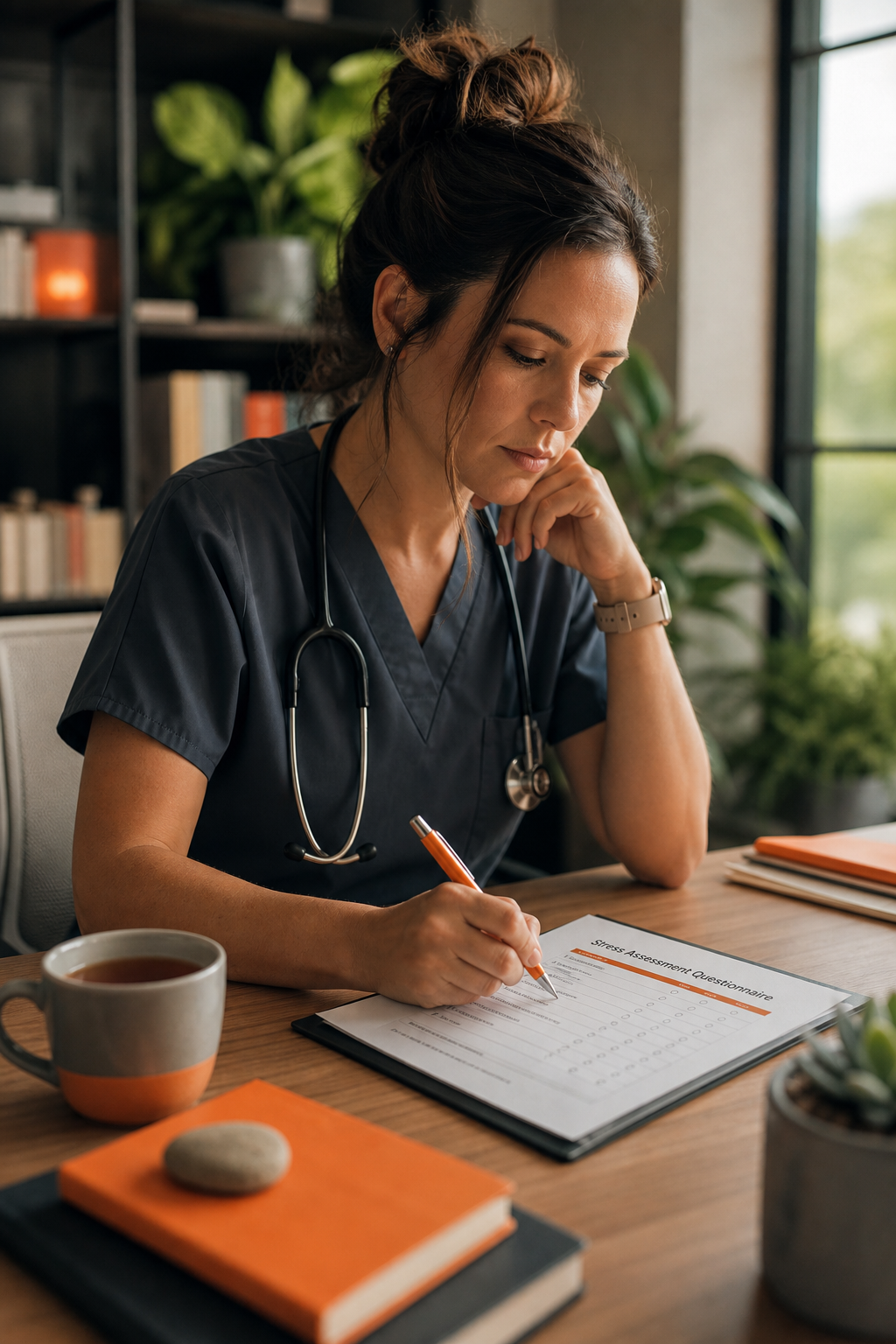 A healthcare professional in scrubs sitting at a desk, thoughtfully filling out a paper questionnaire or digital tablet, with a cup of tea nearby and soft natural light. Cinematic style. Alt: Healthcare professional completing a stress assessment questionnaire.