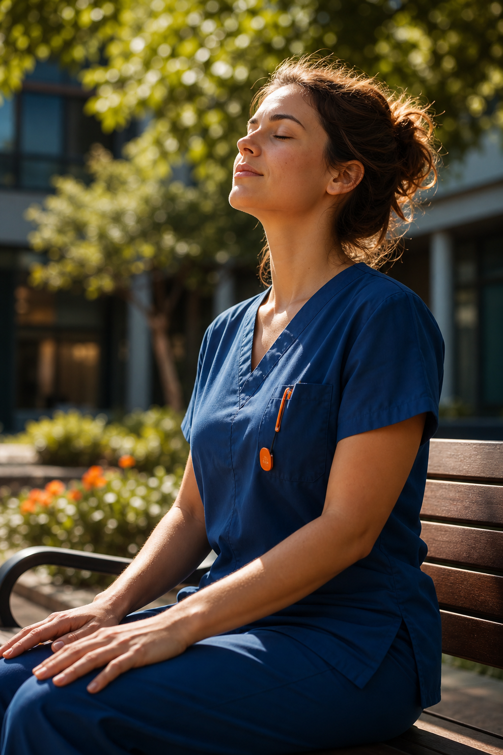 A nurse sitting on a bench in a hospital courtyard, eyes closed, hands resting on knees, taking a deep breath. Sunlight through trees. Cinematic style. Alt: Nurse practicing deep breathing during a break.