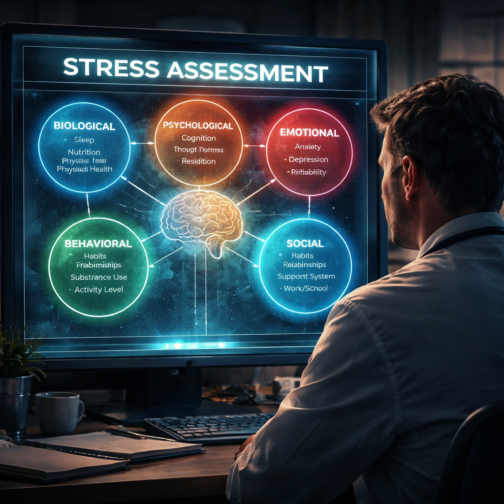 A cinematic style illustration of a clinician looking at a screen with stress assessment domains highlighted. Alt: clinical stress assessment domains diagram