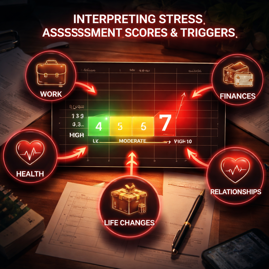 A cinematic style graphic showing a chart of scores with trigger icons pointing to common stress sources. Alt: interpreting stress assessment scores and triggers