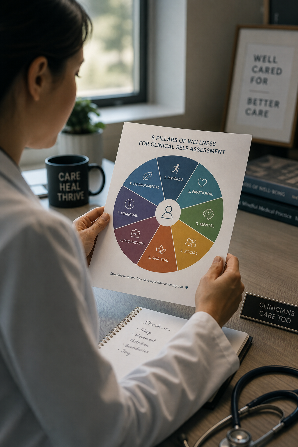 A cinematic shot of a healthcare professional sitting at a desk, looking at a colorful circular wellness wheel divided into eight segments, each labeled with a pillar name. Soft natural light from a window. Alt: 8 pillars of wellness wheel for clinical self assessment.