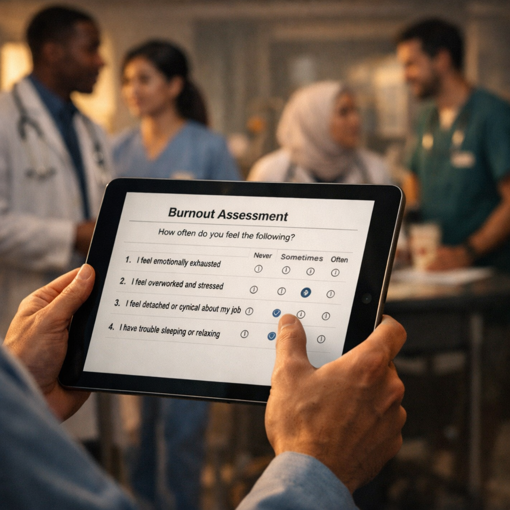 A cinematic illustration of a clinician holding a tablet showing a simple burnout questionnaire, soft lighting, diverse healthcare professionals in background, alt: clinician using free burnout assessment tool