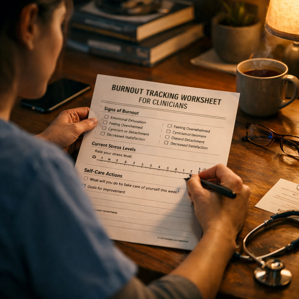 A cinematic scene showing a clinician at a desk with a printable worksheet, soft ambient light, alt: burnout tracking worksheet for clinicians