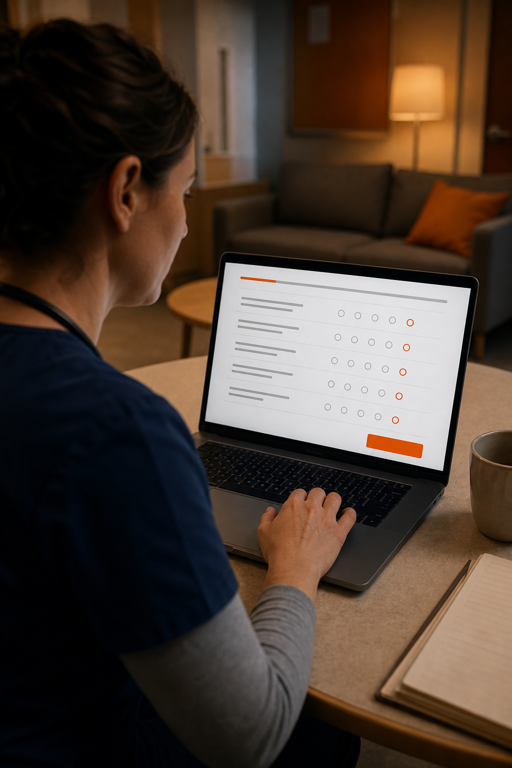 A cinematic scene of a clinician sitting at a laptop in a quiet break room, filling out an online questionnaire on a tablet screen, warm lighting, focus on the screen content, alt: clinician using burnout risk estimator